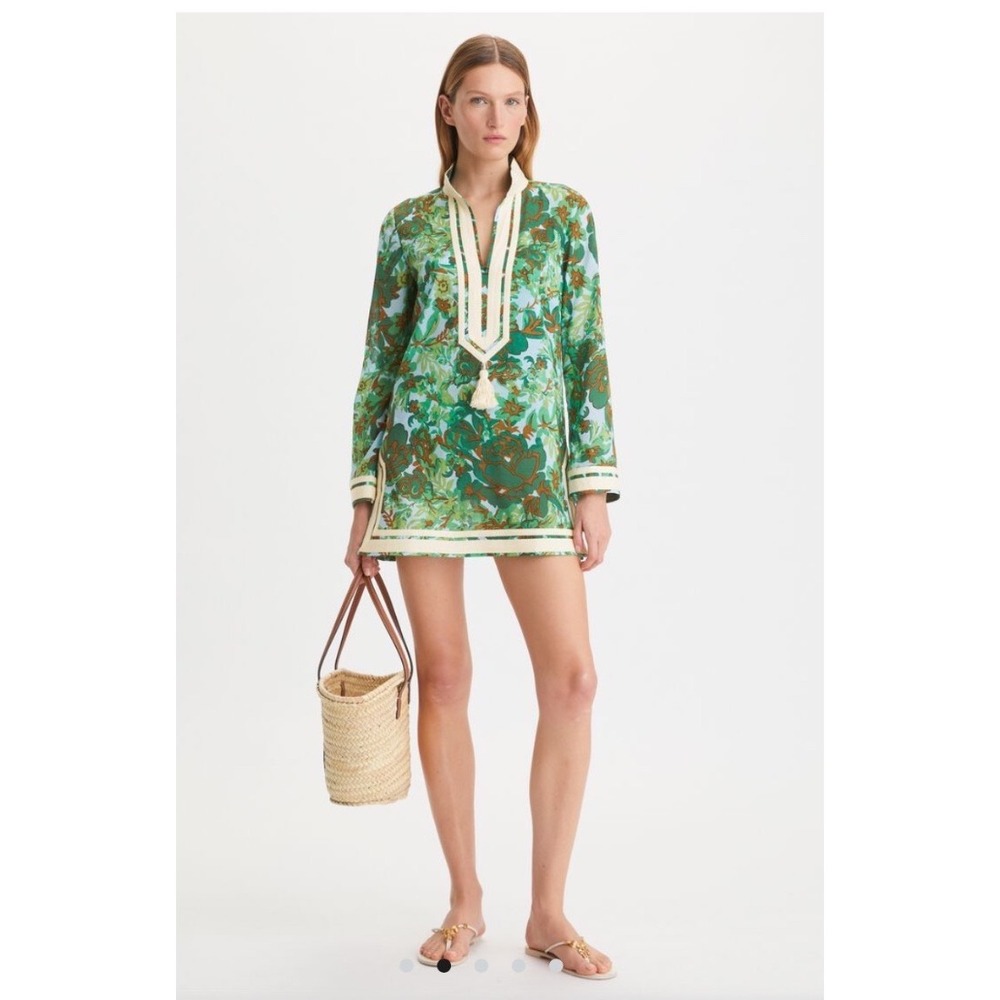 Tory Burch Printed Tory Green Rayure Fleurie Floral Cotton Voile Tunic - Picture 2 of 4